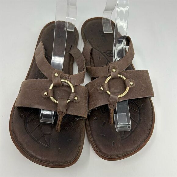 Born Women's Boho Brown Leather Slip-On Thong Sandals Size 10M with Harness Ring - Picture 6 of 13